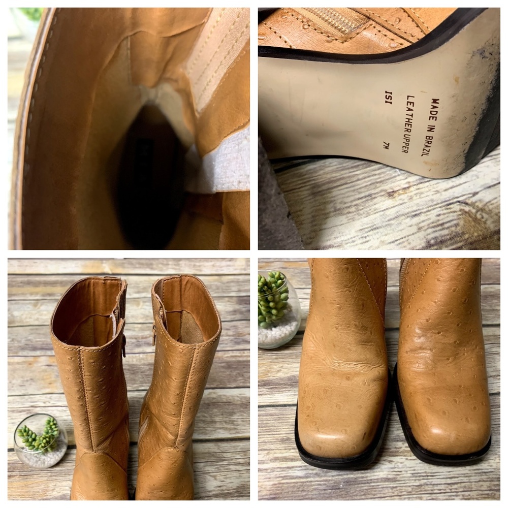 MIA 90s Tan Ostrich Emu Leather Block Heel Boots - Picture 8 of 8